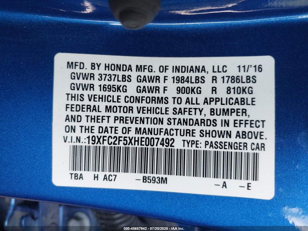 19XFC2F5XHE007492 2017 HONDA CIVIC photo no. 9