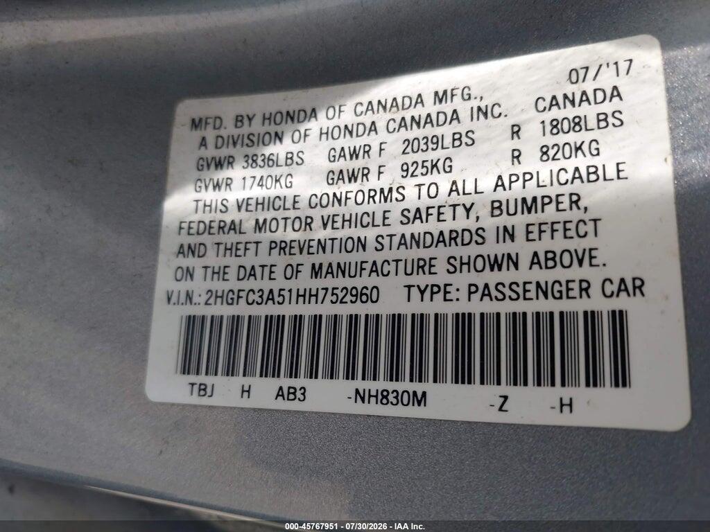 2HGFC3A51HH752960 2017 HONDA CIVIC photo no. 9