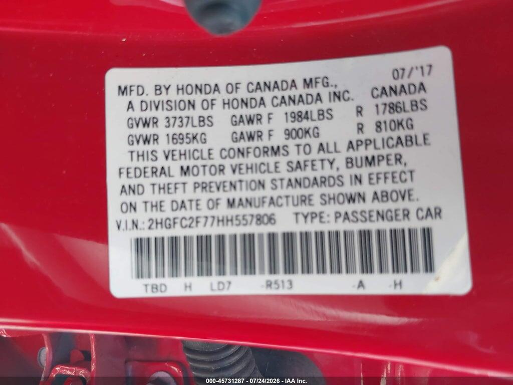 2HGFC2F77HH557806 2017 HONDA CIVIC photo no. 9