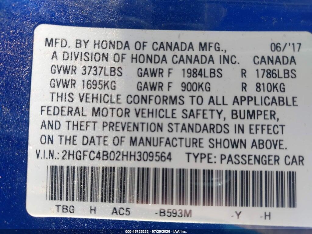 2HGFC4B02HH309564 2017 HONDA CIVIC photo no. 9