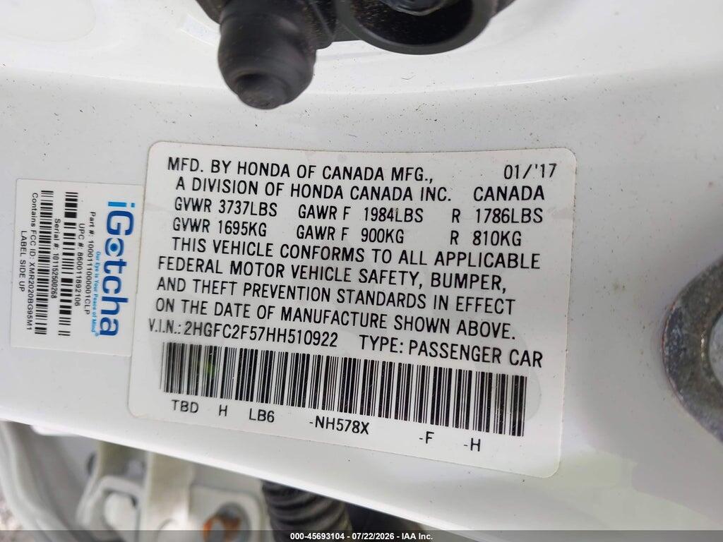 2HGFC2F57HH510922 2017 HONDA CIVIC photo no. 9