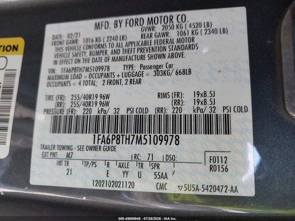 1FA6P8TH7M5109978 2021 FORD MUSTANG photo no. 9