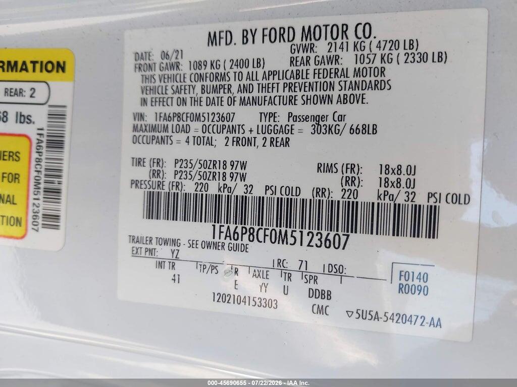 1FA6P8CF0M5123607 2021 FORD MUSTANG photo no. 9