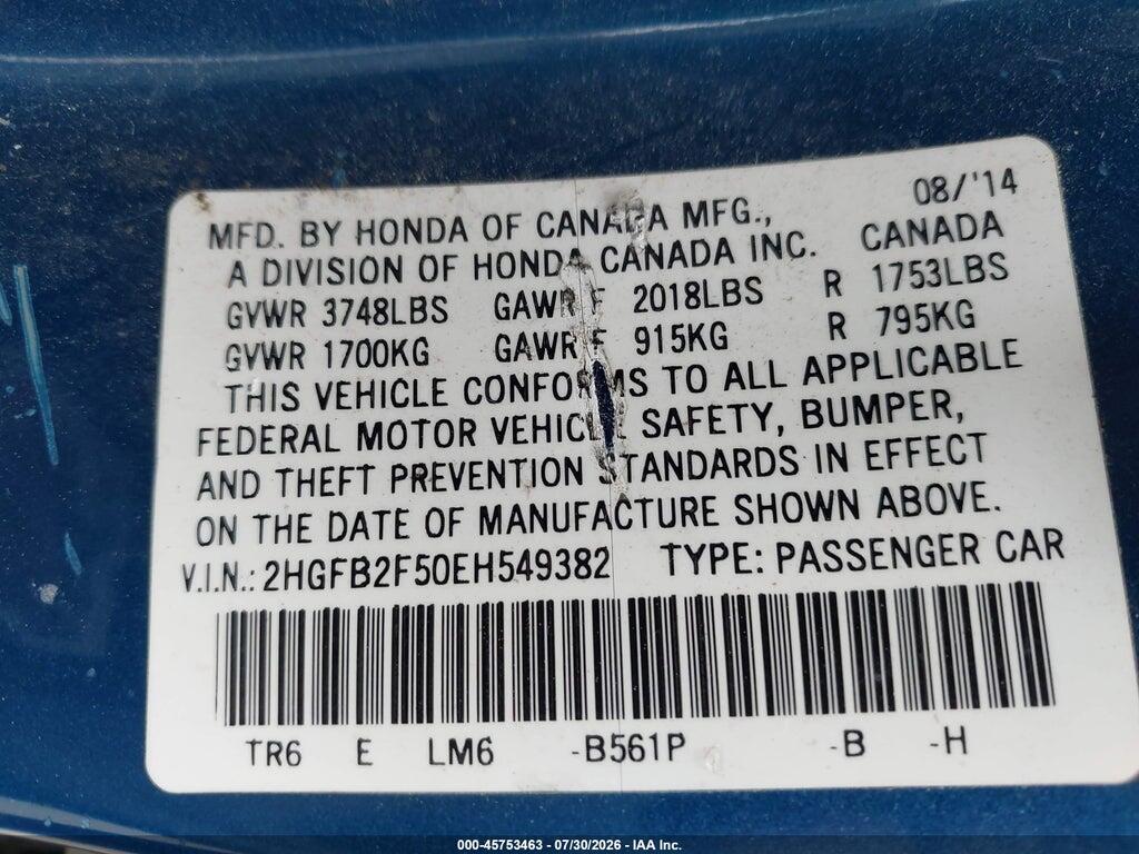 2HGFB2F50EH549382 2014 HONDA CIVIC photo no. 9