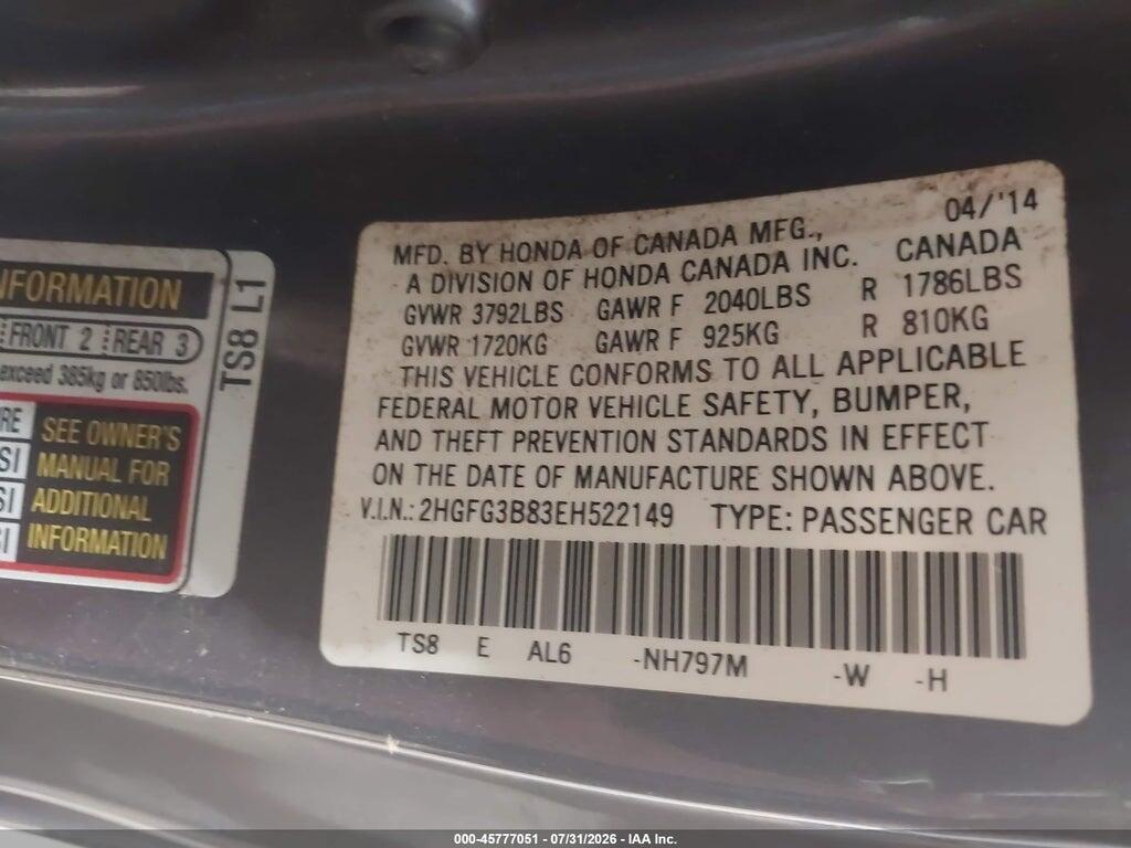 2HGFG3B83EH522149 2014 HONDA CIVIC photo no. 9