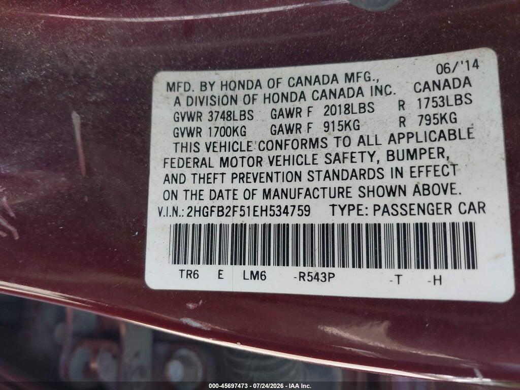 2HGFB2F51EH534759 2014 HONDA CIVIC photo no. 9