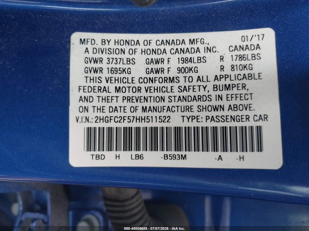2HGFC2F57HH511522 2017 HONDA CIVIC photo no. 9