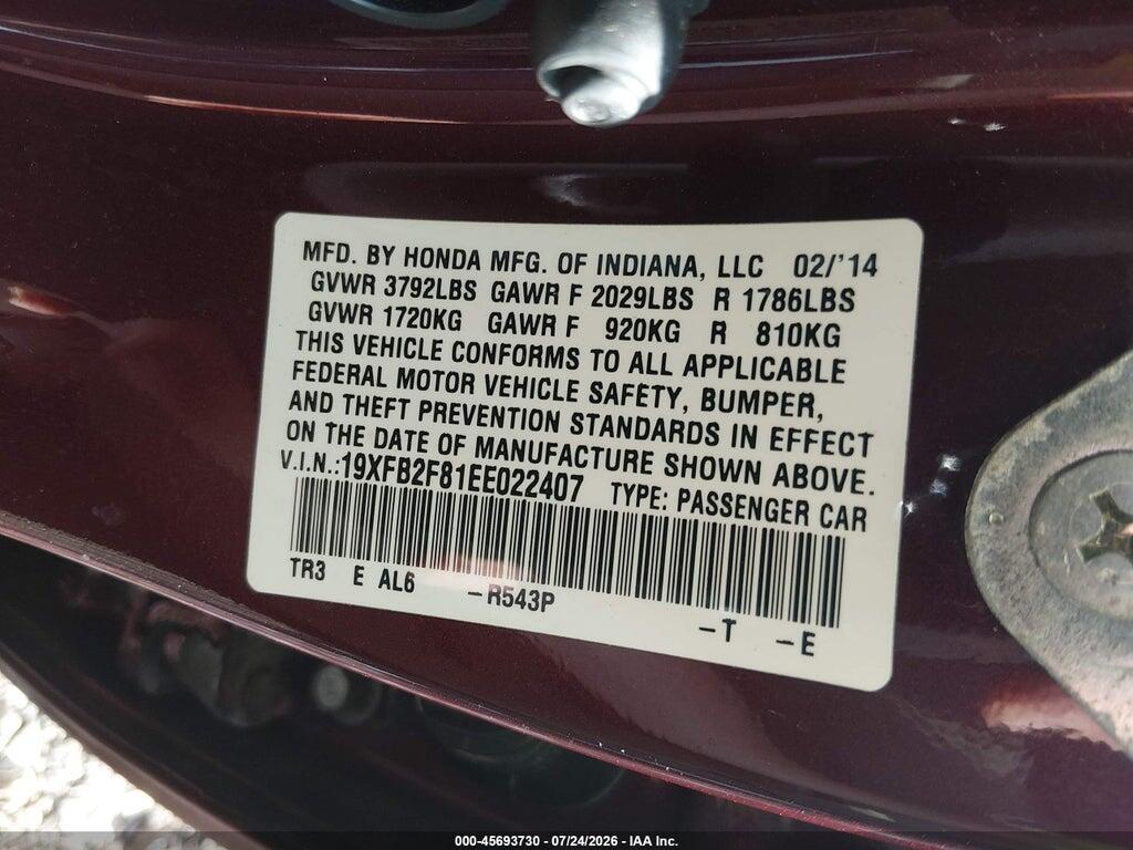 19XFB2F81EE022407 2014 HONDA CIVIC photo no. 9