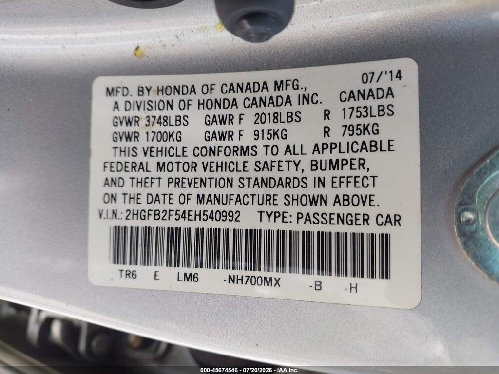 2HGFB2F54EH540992 2014 HONDA CIVIC photo no. 9