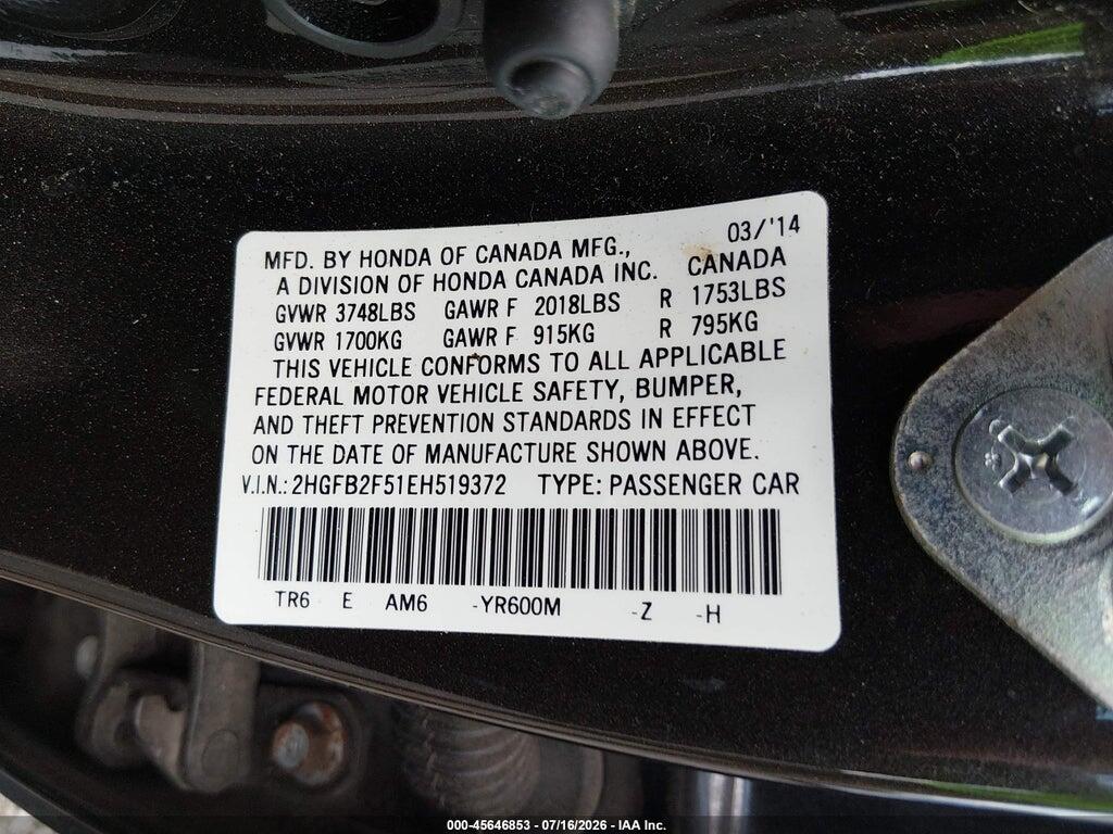 2HGFB2F51EH519372 2014 HONDA CIVIC photo no. 9