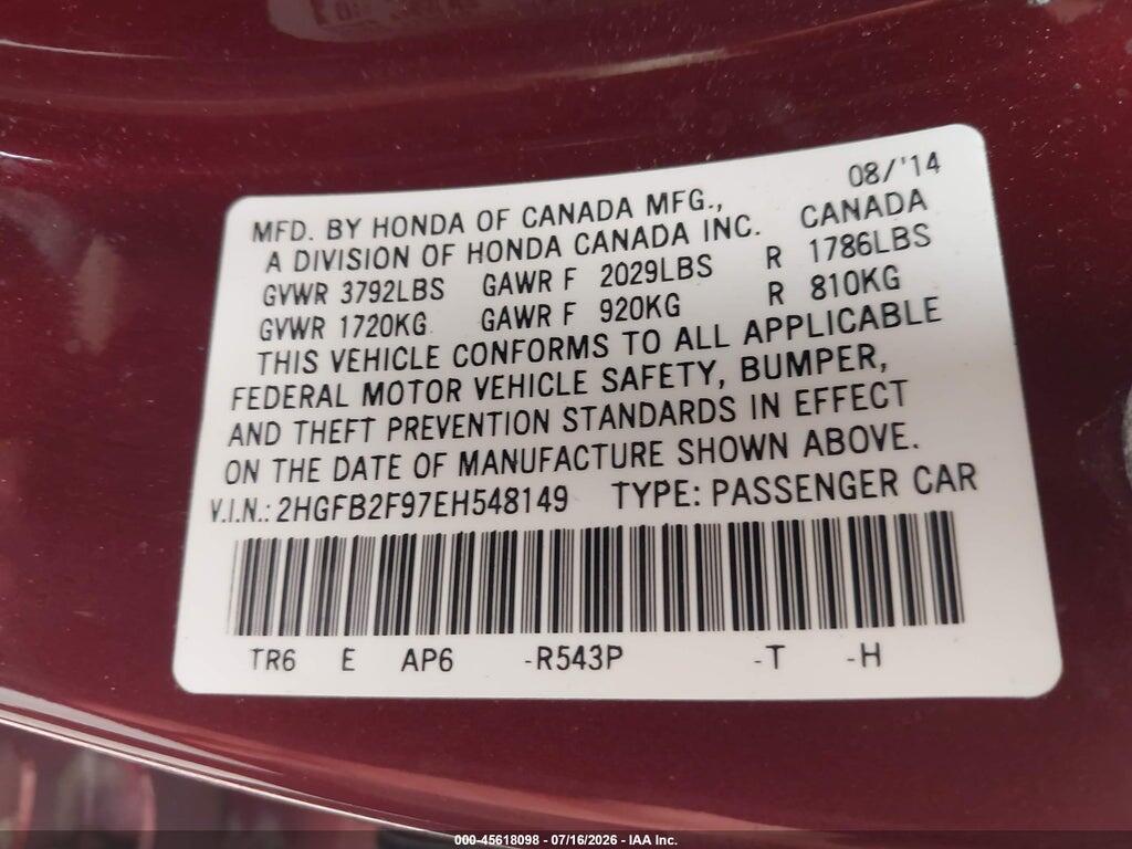 2HGFB2F97EH548149 2014 HONDA CIVIC photo no. 9