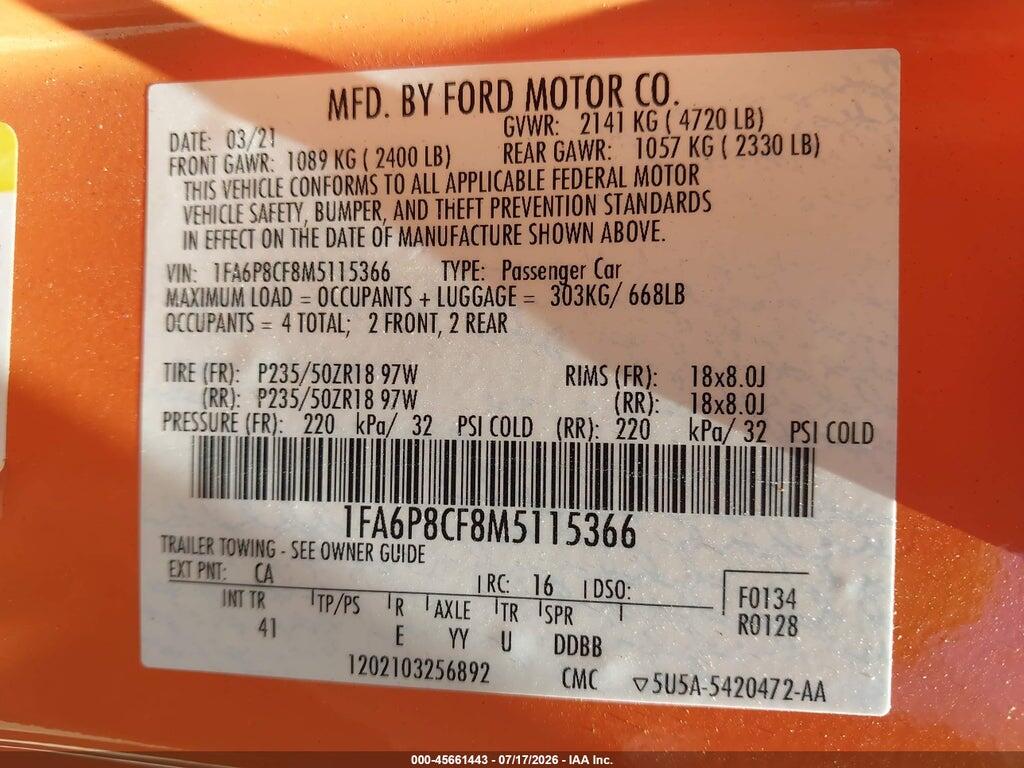 1FA6P8CF8M5115366 2021 FORD MUSTANG photo no. 9