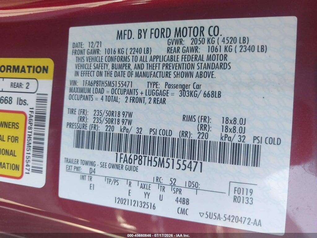 1FA6P8TH5M5155471 2021 FORD MUSTANG photo no. 9