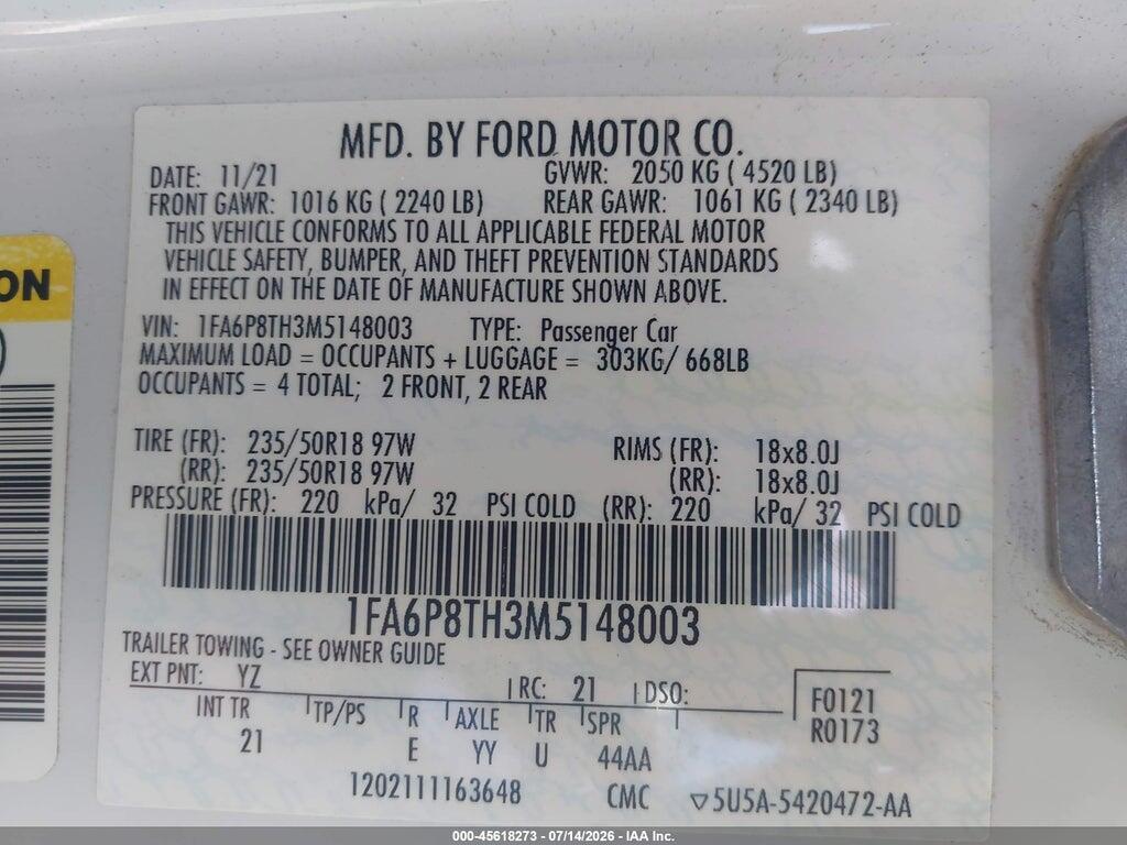 1FA6P8TH3M5148003 2021 FORD MUSTANG photo no. 9