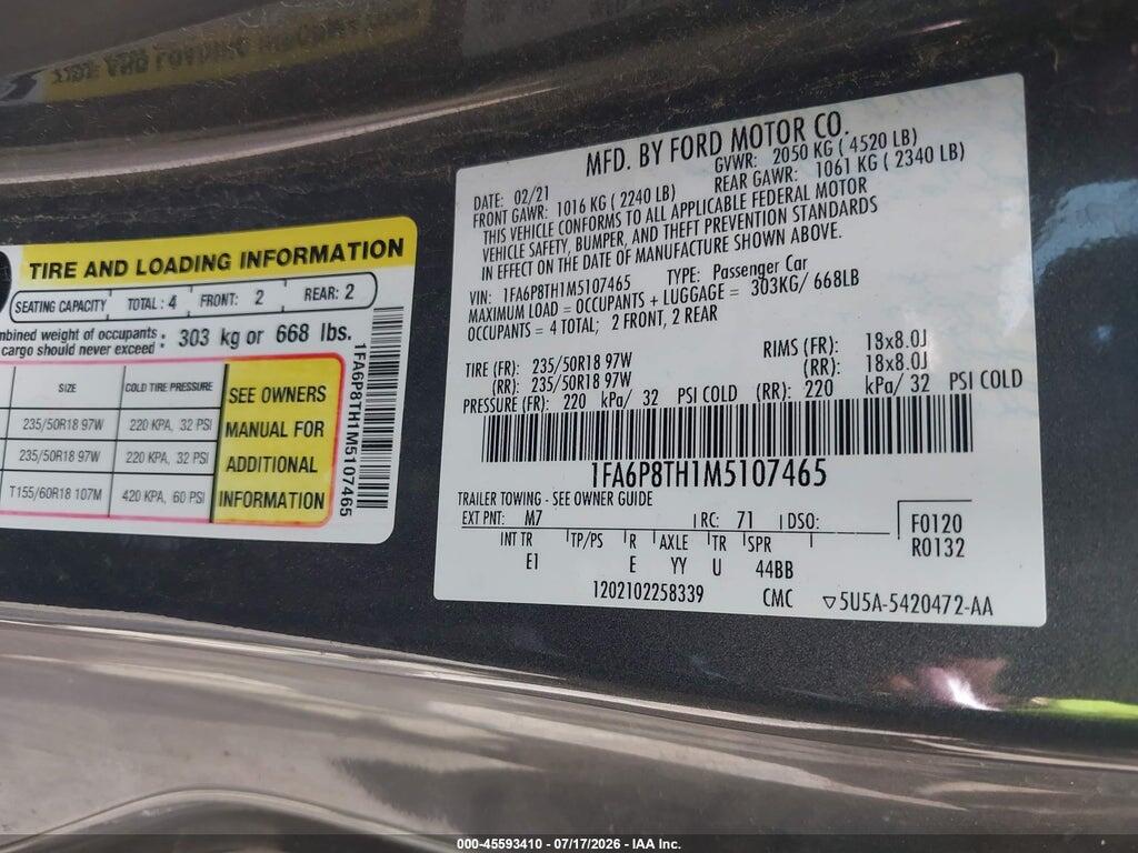 1FA6P8TH1M5107465 2021 FORD MUSTANG photo no. 9
