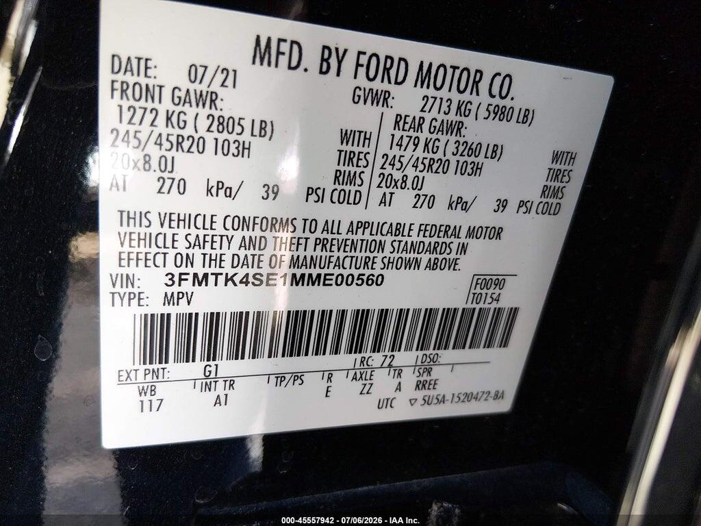 3FMTK4SE1MME00560 2021 FORD MUSTANG MACH-E photo no. 9
