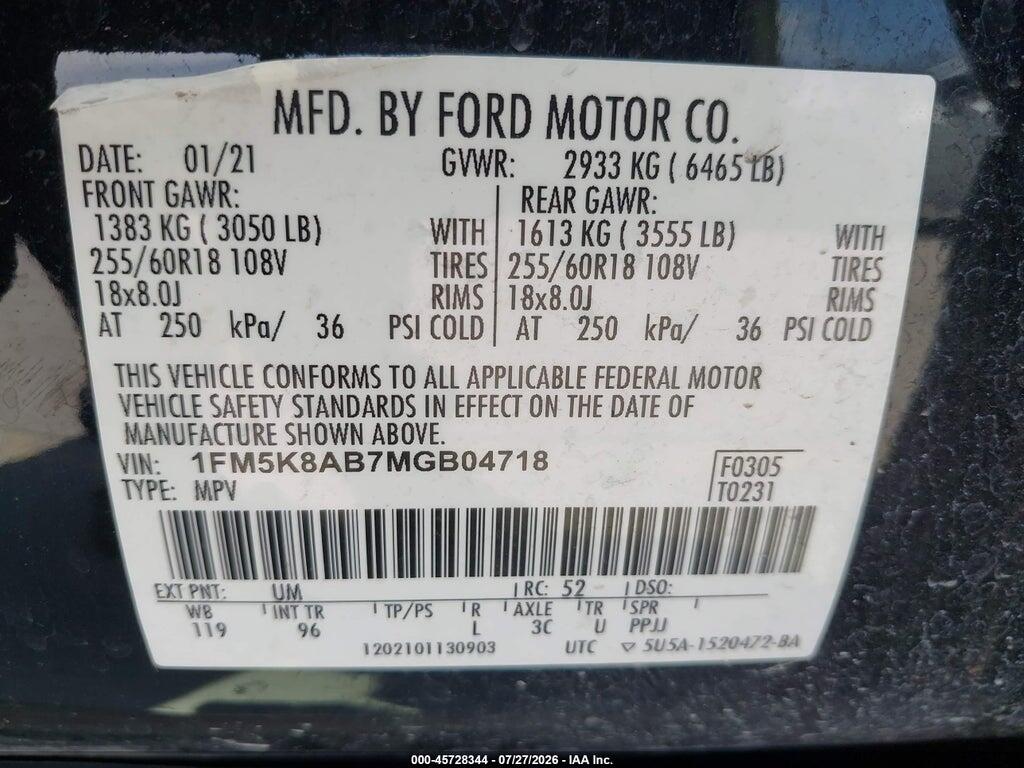 1FM5K8AB7MGB04718 2021 FORD POLICE INTERCEPTOR UTILITY photo no. 9