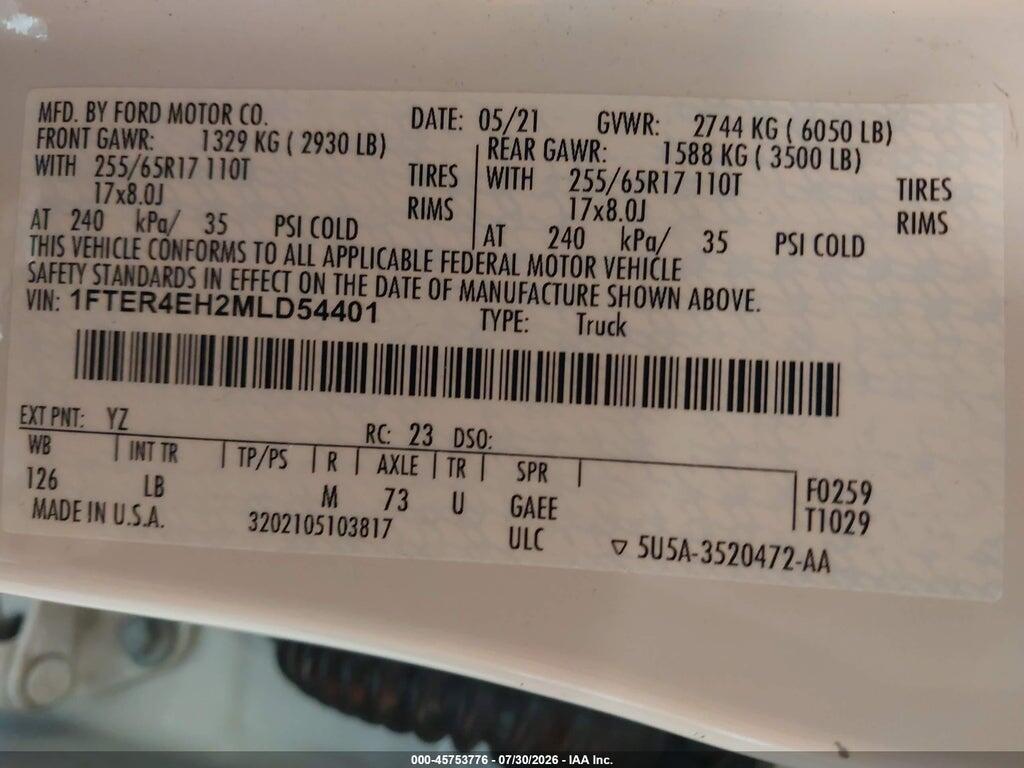 1FTER4EH2MLD54401 2021 FORD RANGER photo no. 9