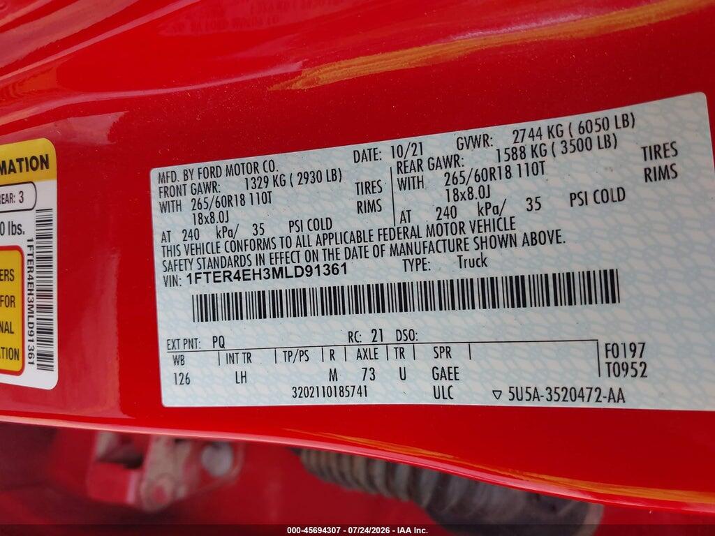 1FTER4EH3MLD91361 2021 FORD RANGER photo no. 9