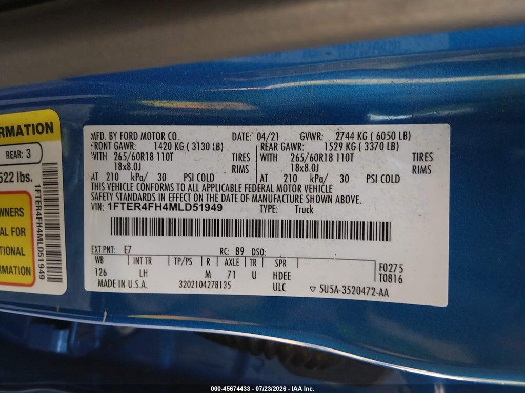 1FTER4FH4MLD51949 2021 FORD RANGER photo no. 9