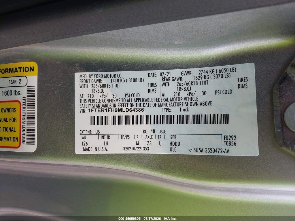 1FTER1FH9MLD64386 2021 FORD RANGER photo no. 9
