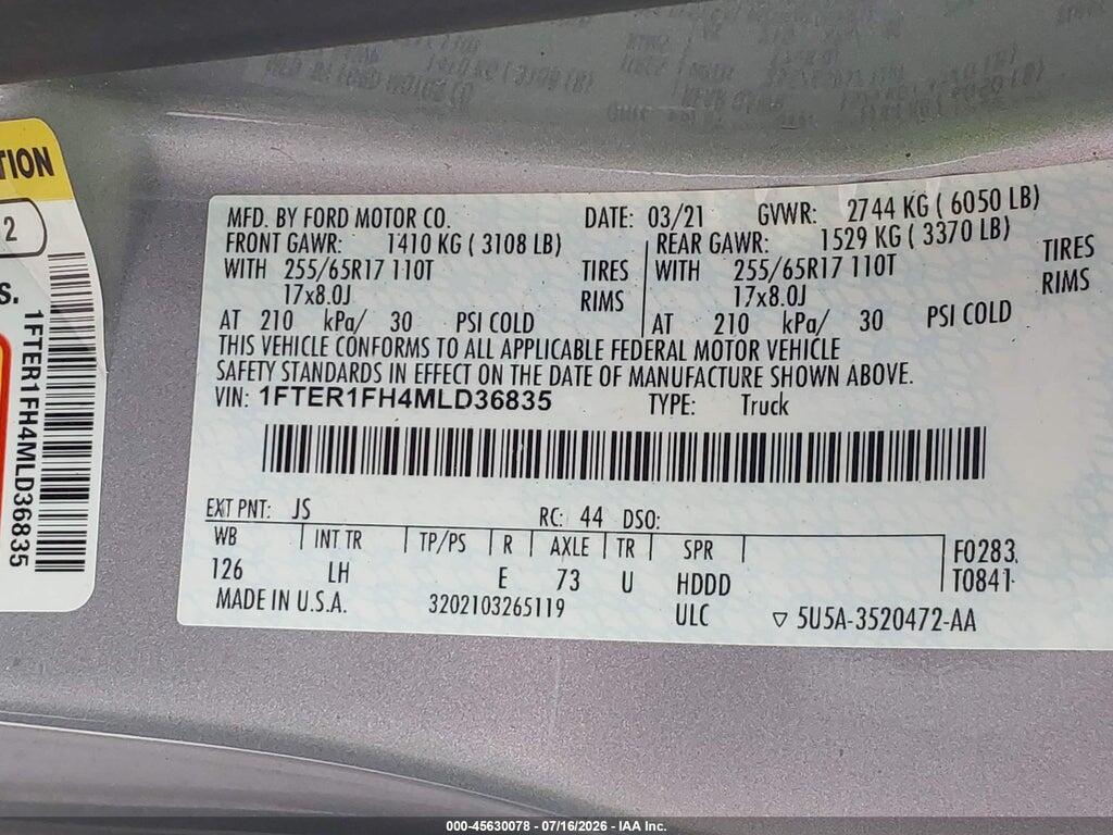1FTER1FH4MLD36835 2021 FORD RANGER photo no. 9