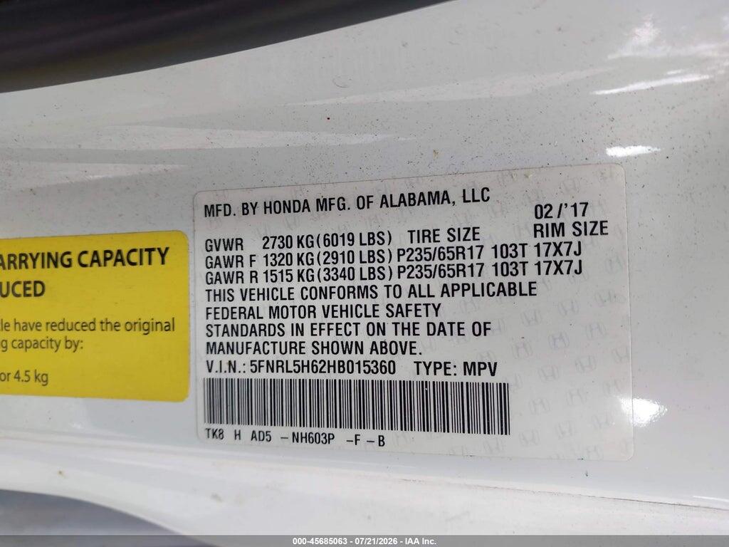 5FNRL5H62HB015360 2017 HONDA ODYSSEY photo no. 9