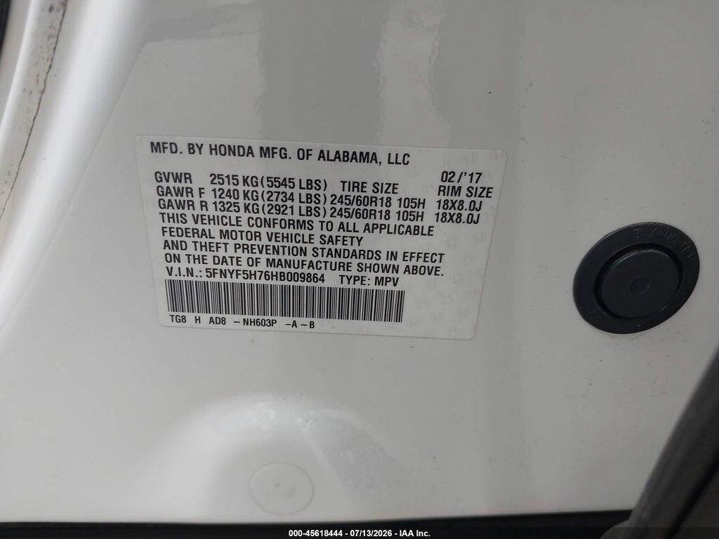 5FNYF5H76HB009864 2017 HONDA PILOT photo no. 9