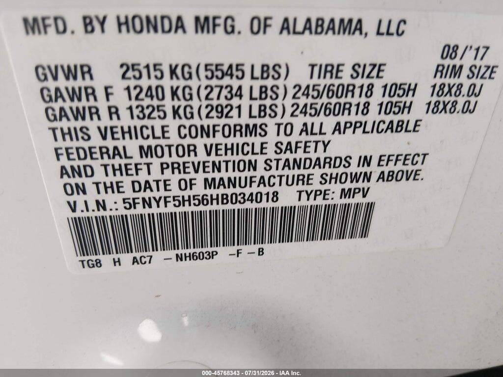 5FNYF5H56HB034018 2017 HONDA PILOT photo no. 9