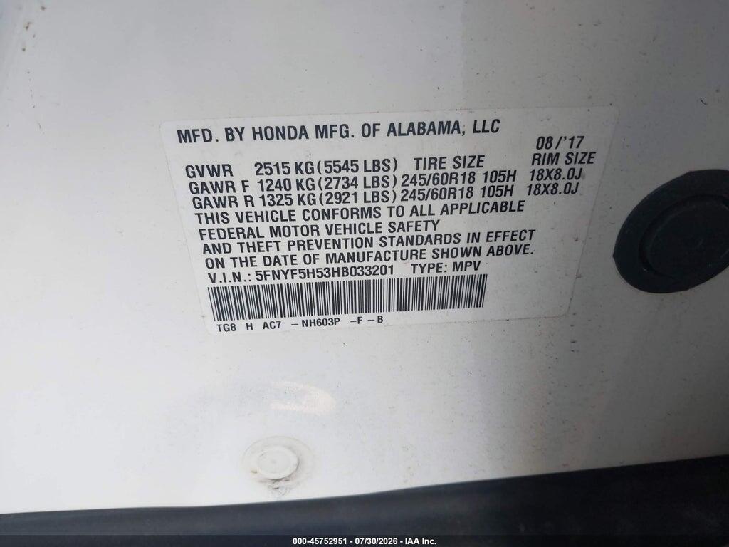 5FNYF5H53HB033201 2017 HONDA PILOT photo no. 9