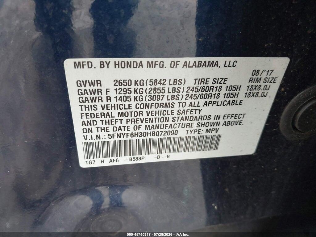 5FNYF6H30HB072090 2017 HONDA PILOT photo no. 9
