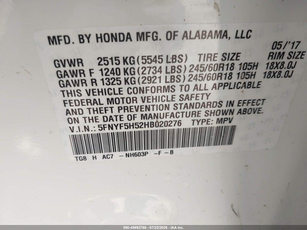 5FNYF5H52HB020276 2017 HONDA PILOT photo no. 9