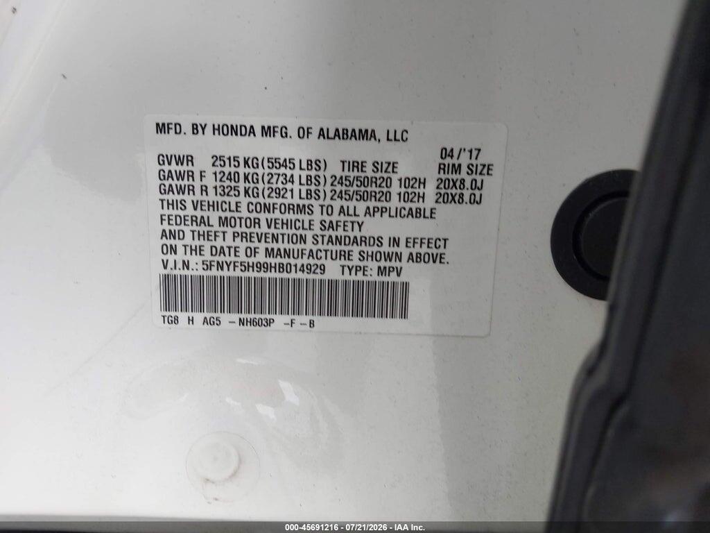 5FNYF5H99HB014929 2017 HONDA PILOT photo no. 9