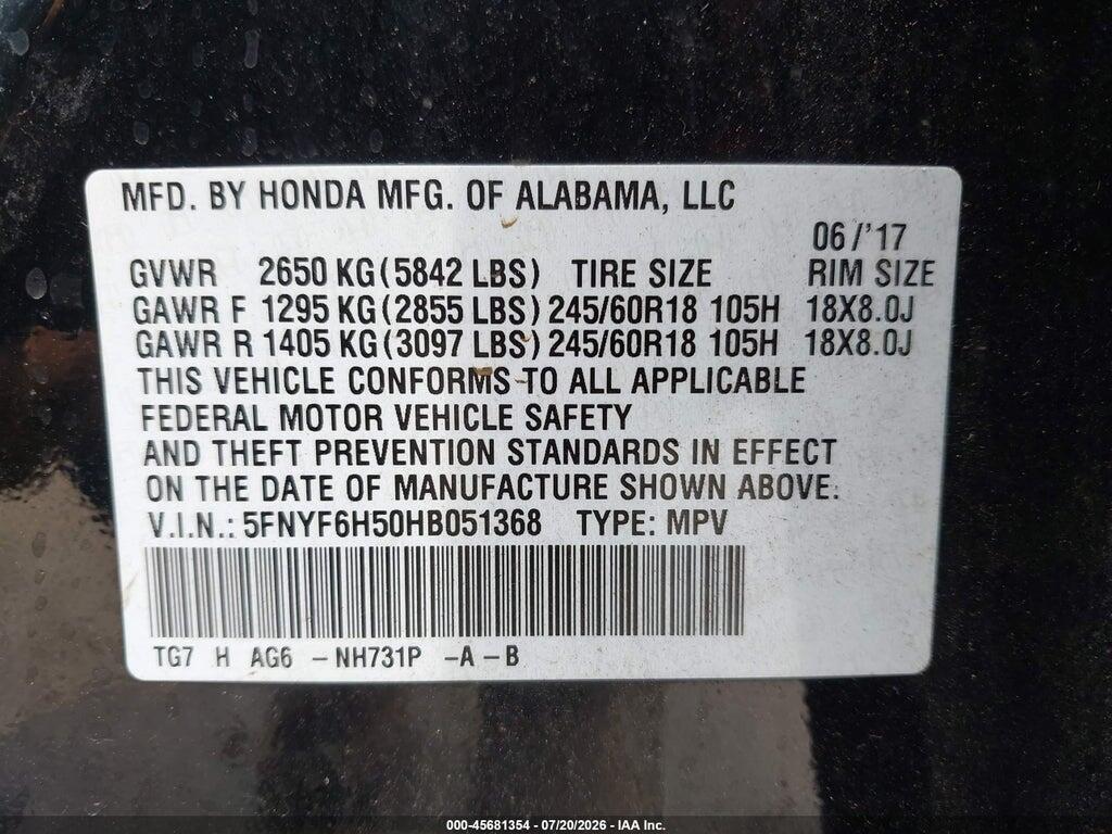 5FNYF6H50HB051368 2017 HONDA PILOT photo no. 9