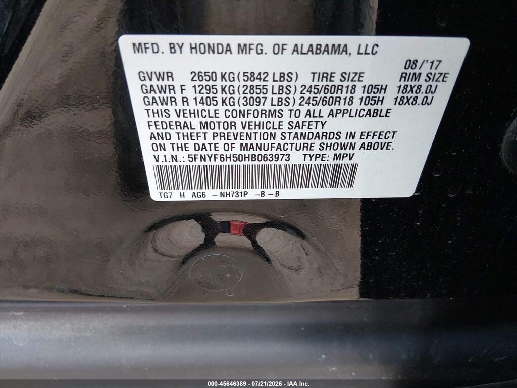 5FNYF6H50HB063973 2017 HONDA PILOT photo no. 9