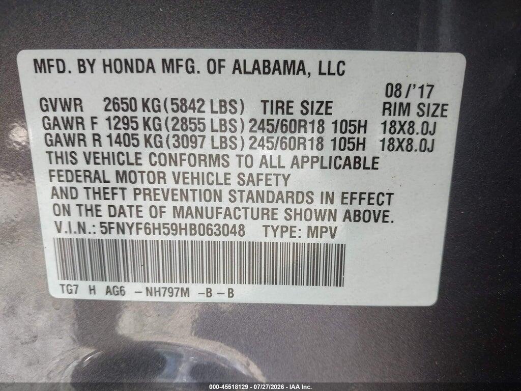 5FNYF6H59HB063048 2017 HONDA PILOT photo no. 9