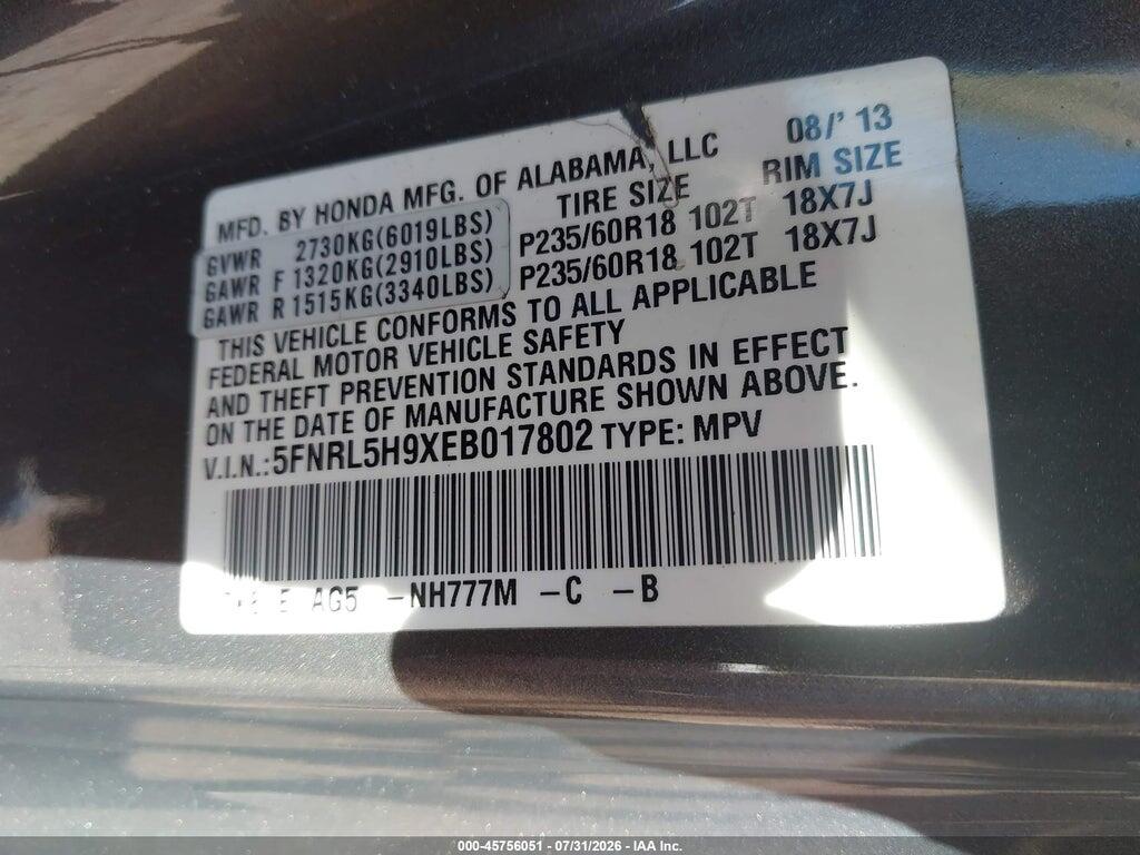 5FNRL5H9XEB017802 2014 HONDA ODYSSEY photo no. 9