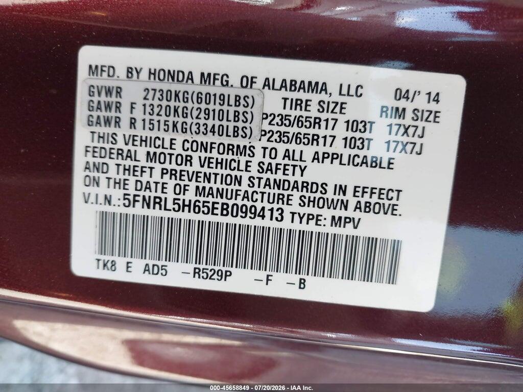 5FNRL5H65EB099413 2014 HONDA ODYSSEY photo no. 9