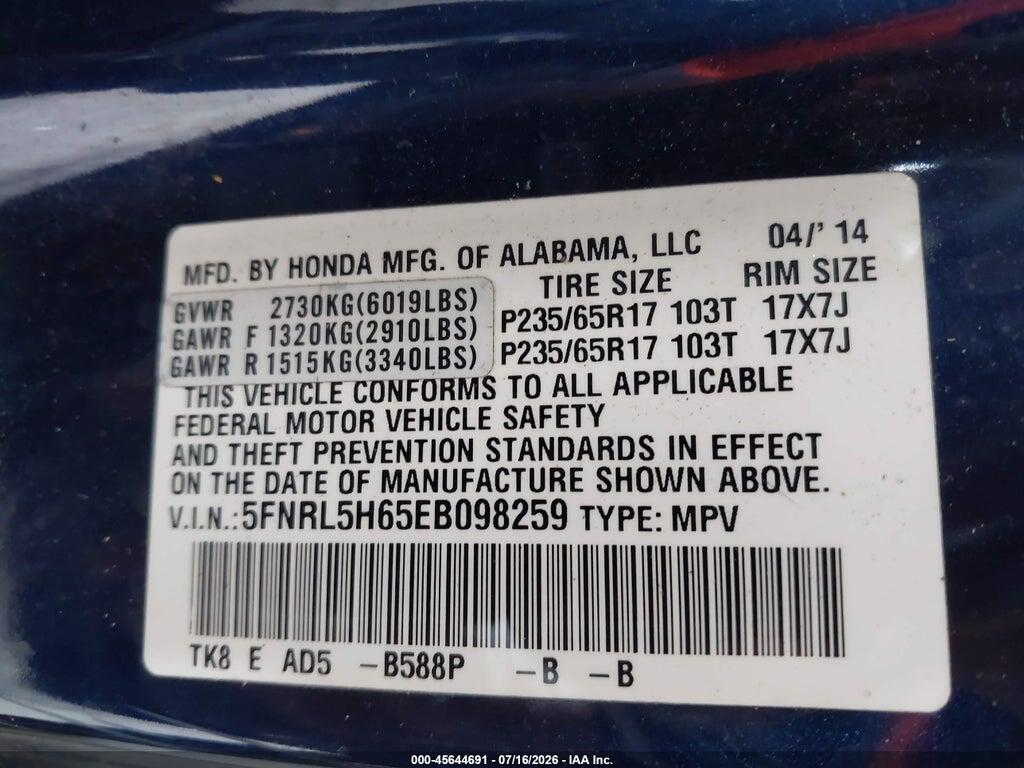 5FNRL5H65EB098259 2014 HONDA ODYSSEY photo no. 9