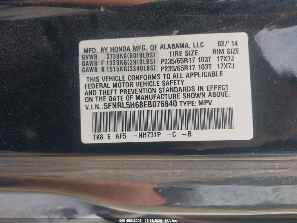 5FNRL5H68EB076840 2014 HONDA ODYSSEY photo no. 9