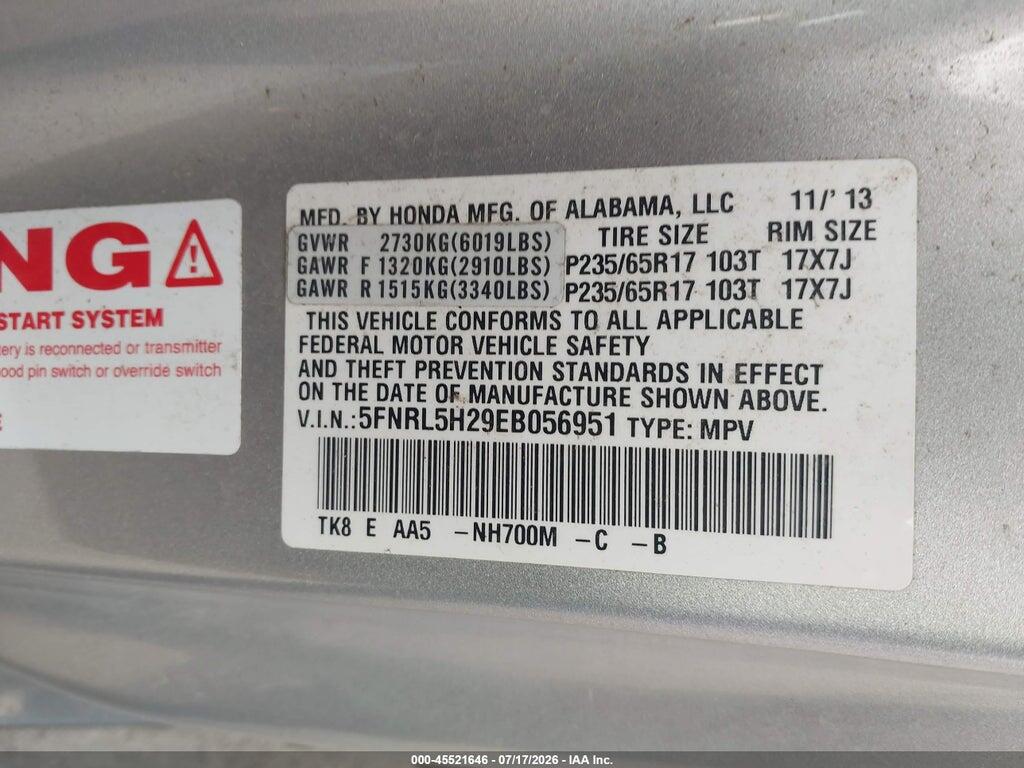 5FNRL5H29EB056951 2014 HONDA ODYSSEY photo no. 9