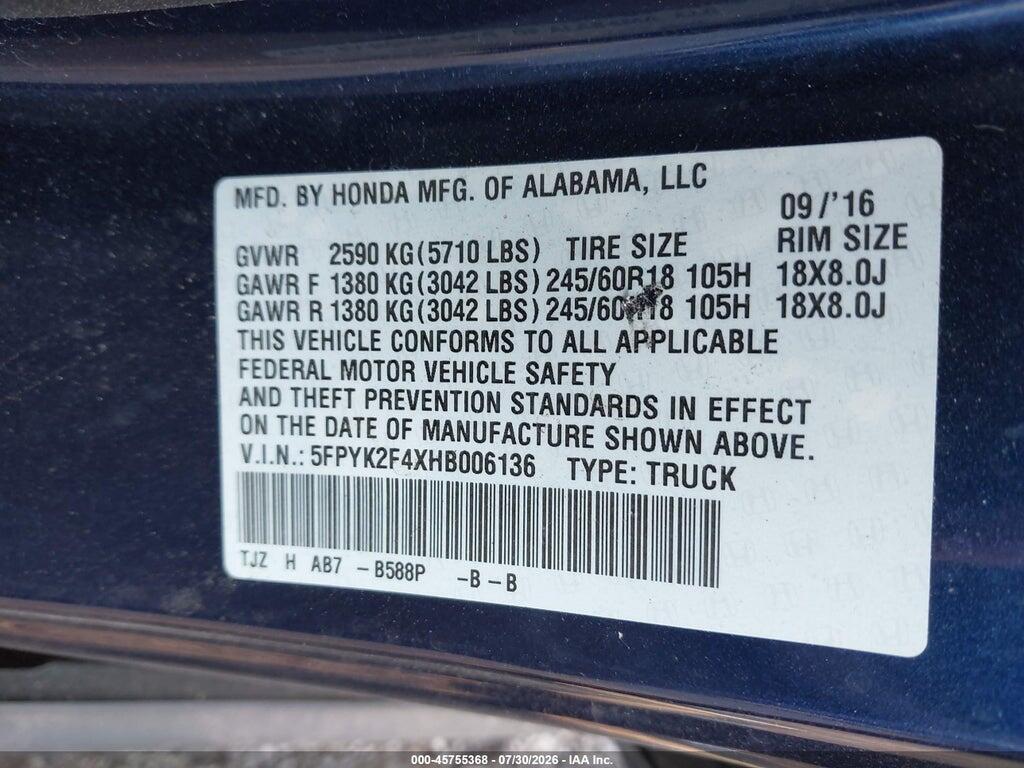 5FPYK2F4XHB006136 2017 HONDA RIDGELINE photo no. 9