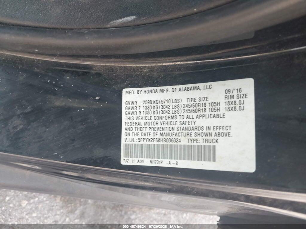 5FPYK2F68HB006024 2017 HONDA RIDGELINE photo no. 9