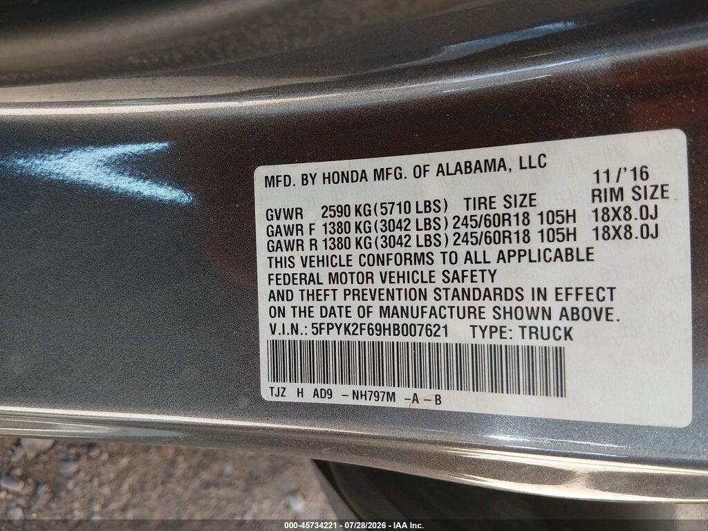 5FPYK2F69HB007621 2017 HONDA RIDGELINE photo no. 9