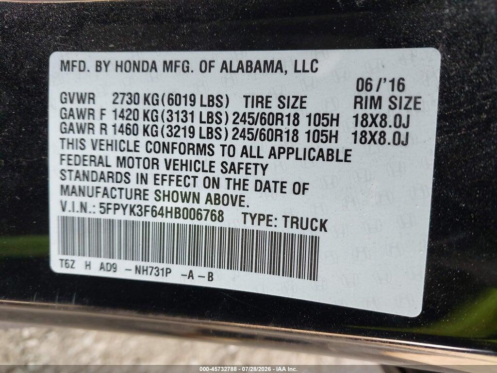5FPYK3F64HB006768 2017 HONDA RIDGELINE photo no. 9