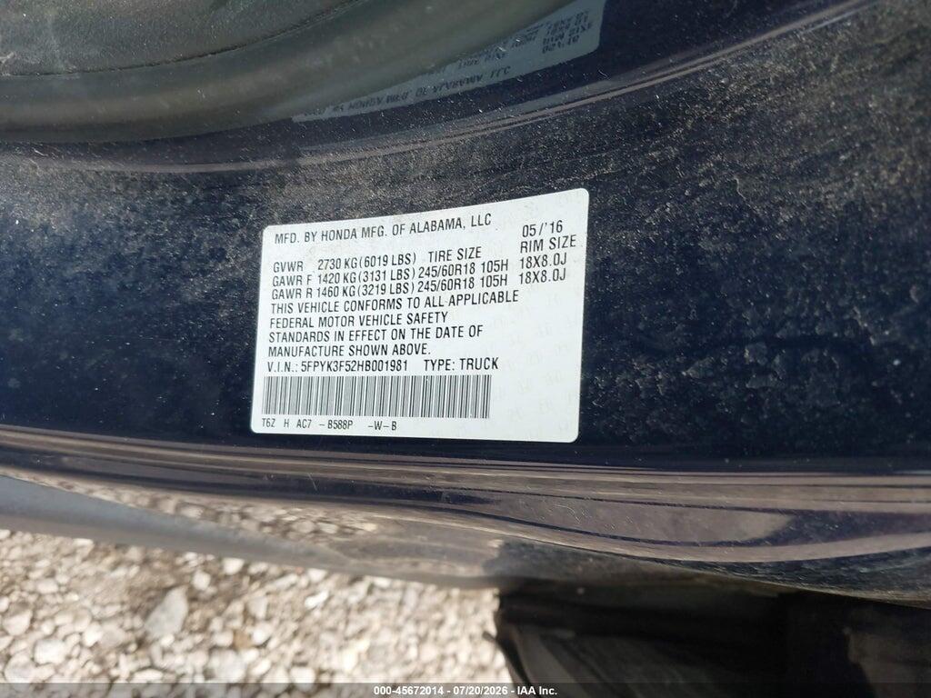 5FPYK3F52HB001981 2017 HONDA RIDGELINE photo no. 9