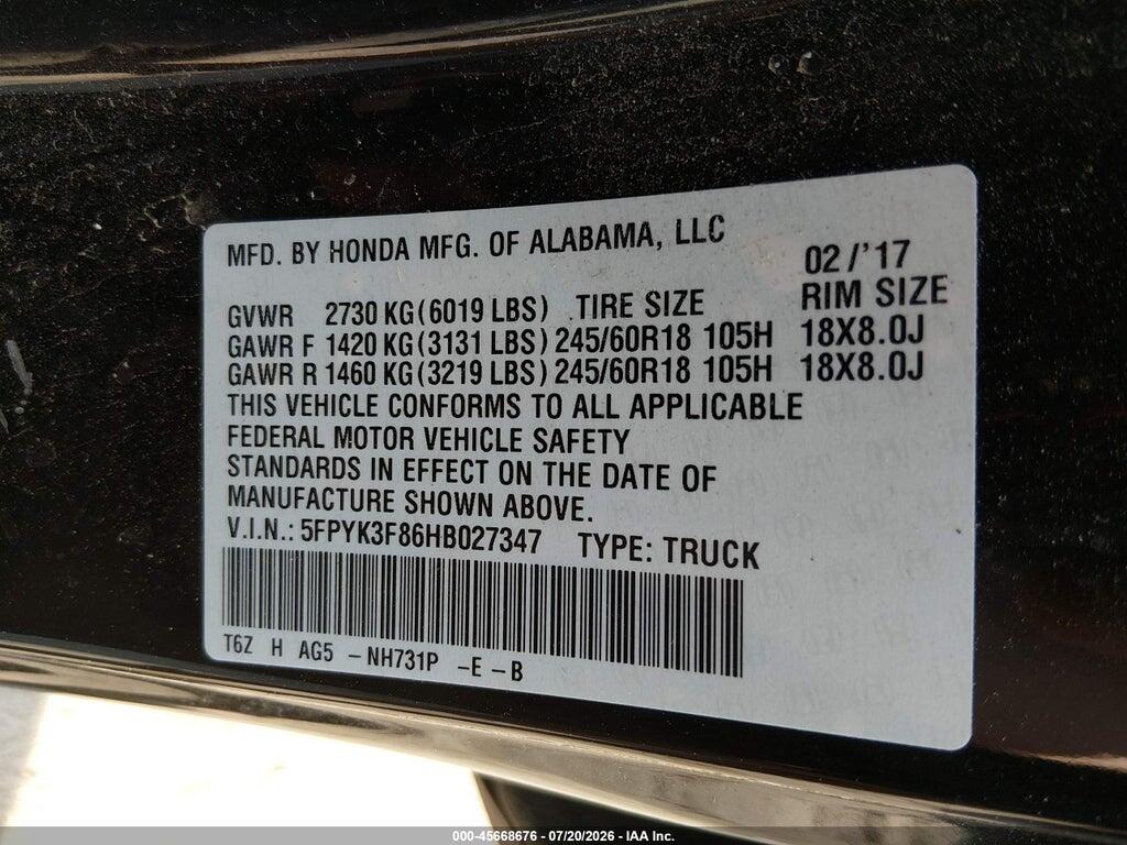 5FPYK3F86HB027347 2017 HONDA RIDGELINE photo no. 9