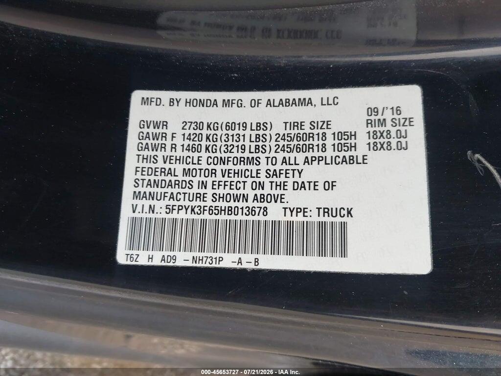5FPYK3F65HB013678 2017 HONDA RIDGELINE photo no. 9