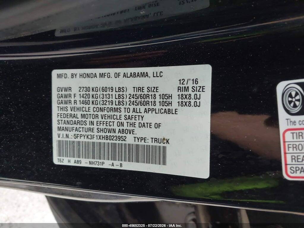 5FPYK3F1XHB023952 2017 HONDA RIDGELINE photo no. 9