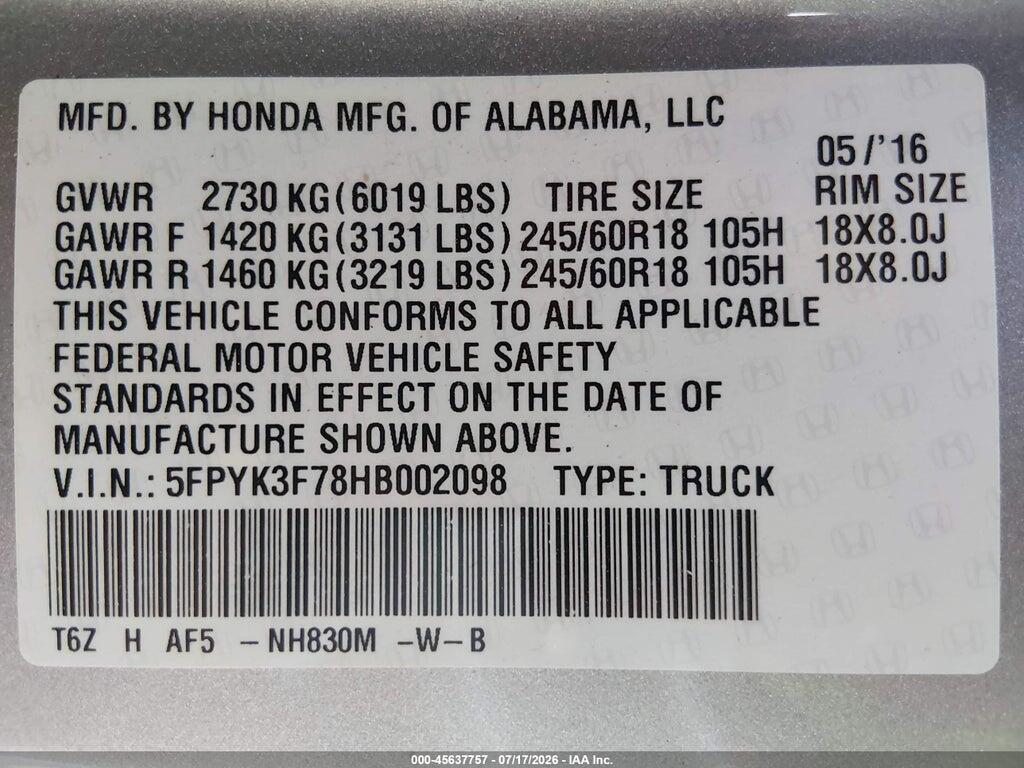 5FPYK3F78HB002098 2017 HONDA RIDGELINE photo no. 9